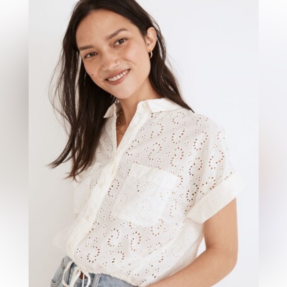 Madewell Eyelet Button Up Drawstring Shirt, lighthouse